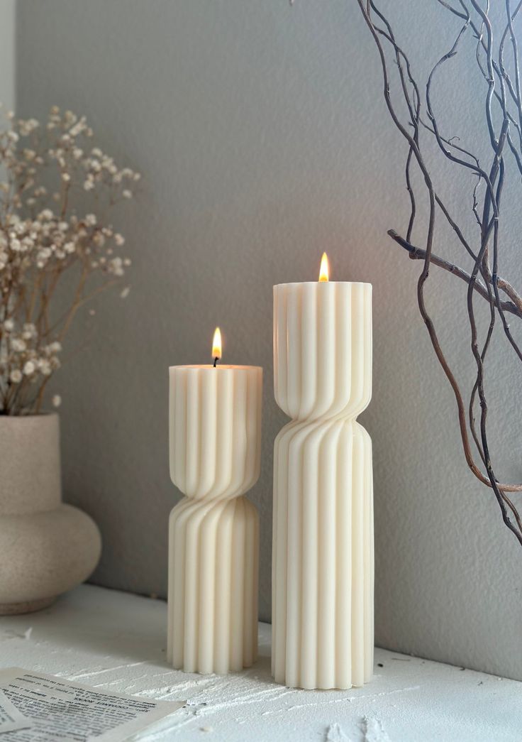 Tall Ribbed Pillar Candle Set